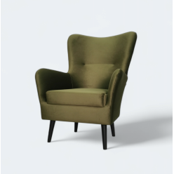 Skandynawski fotel uszak CARMO oliwkowy w tkaninie welur hydrofobowy